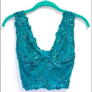 Bebe Turquoise Lace Sequin Beaded Bustier Crop Top